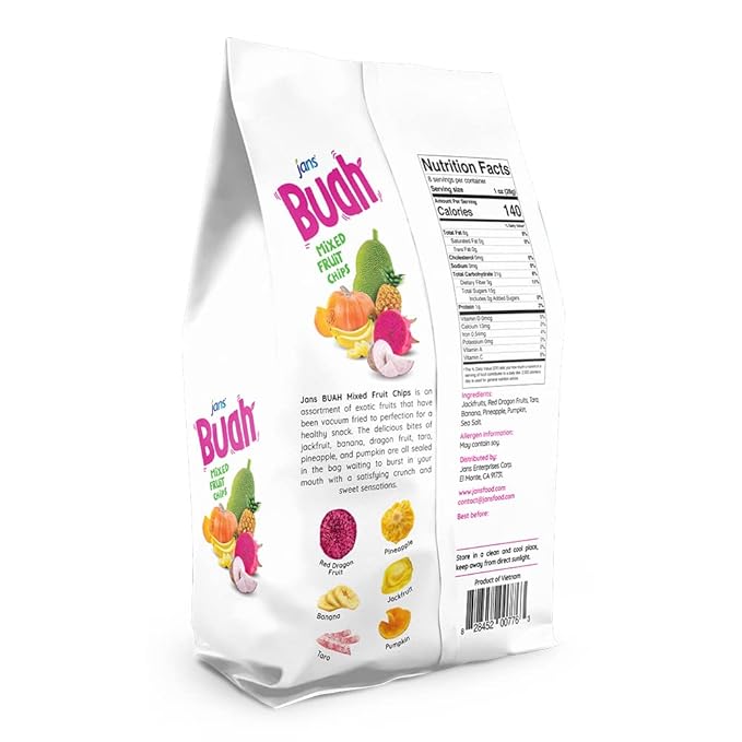 Jans Buah Mixed Fruit Chips, 7 Oz ??Tropical Mix of Red Dragonfruit, Pineapple, Banana, Jackfruit, Taro, Pumpkin Chips - Deliciously Sweet & Crunchy Mixed Chips Snacks, Non-GMO, Gluten Free, Vegan