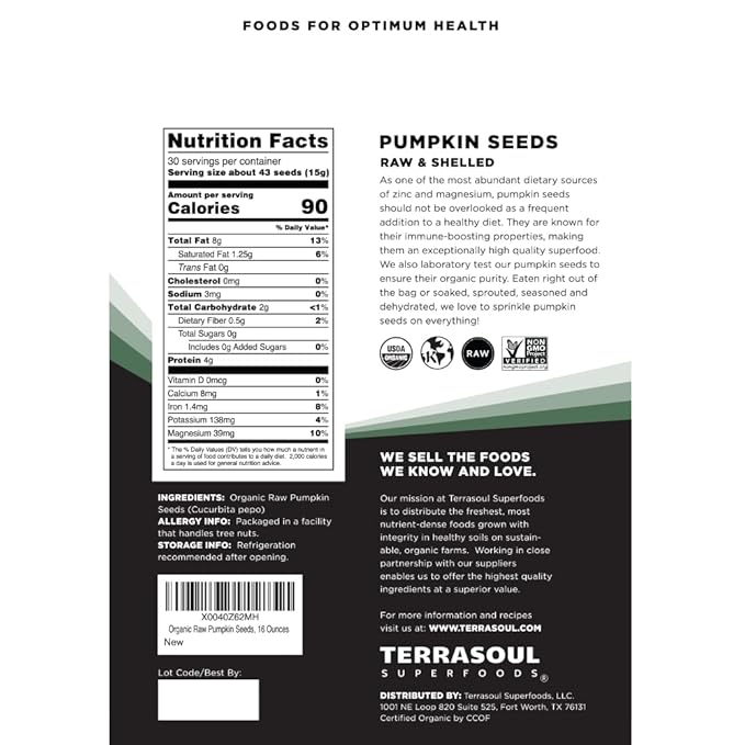 Terrasoul Superfoods Organic Pumpkin Seeds, 16oz - Raw, Unsalted, Superfood for Snacking & Salad Boost