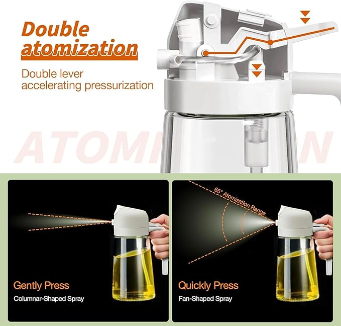 Oil Sprayer for Cooking 2 in 1, 470ml/16oz, Oil Spray & Dispenser Glass Bottle, Food-grade material for Kitchen, Salad Dressing, Frying, Air Fryer & BBQ (Creamy White)