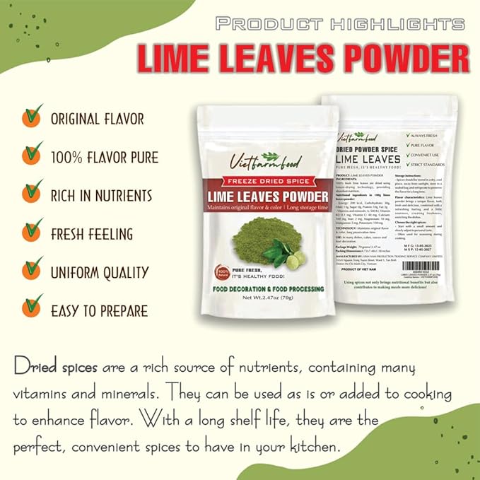 LIME LEAVES POWDER 2.47 Oz (70g) VIETFARMFOOD: Pure, natural freeze-dried spice made from real vegetables and fruits - perfect for enhancing every meal, from cooking, baking, salads, soups, sauces