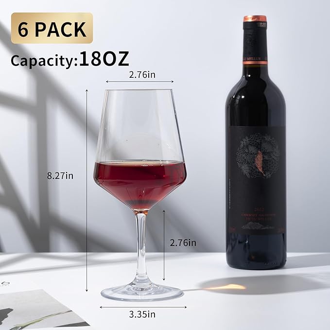 18-ounce Unbreakable Wine Glasses-Acrylic Plastic Stem Wine Glasses, set of 6-All Purpose,Red or White Wine Glass,Dishwasher Safe,BPA Free (Clear, Medium)