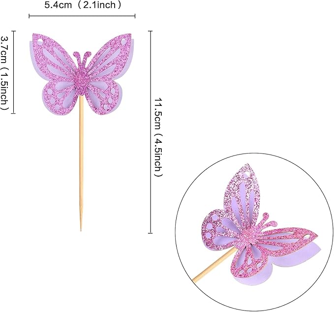 24PCS Butterfly Cupcake Toppers 3D Double Layers Hollow Cupcake Picks Baby Shower Cake Decorations Supplies for Butterfly Theme Wedding Anniversary Baby Shower Party Purple