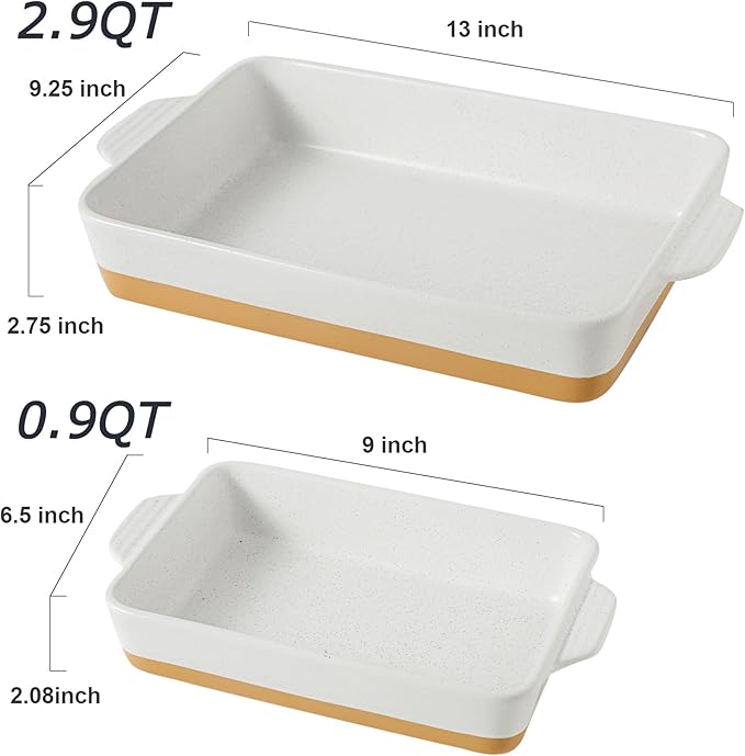 Ceramic Baking Casserole Dish with Handles, Large 9x13 inch Pan and Middle Baking Pan - Porcelain Serving Bakeware Set (Farmhouse White)