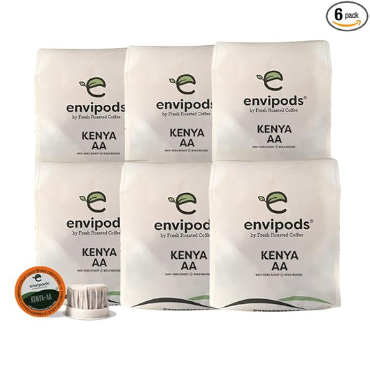 Fresh Roasted Coffee, Kenya-AA Compostable envipods, Medium-Dark Roast, Kosher, 72 Count,for Keurig K Cup Brewers | Not for use in Ninja or Hamilton Beach Brewers