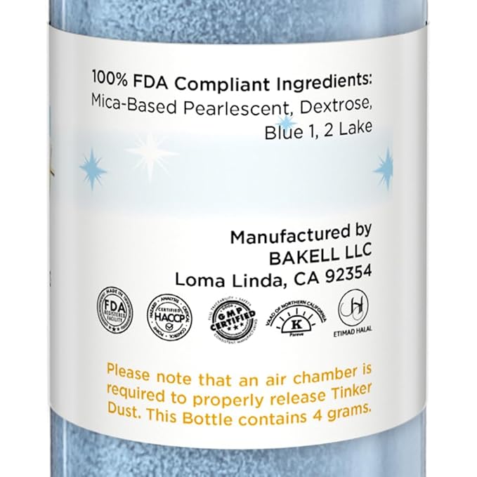 Bakell - Soft Blue Tinker Dust (4g, 1x Mini Spray Pump) Edible Glitter for Food, Desserts, and
