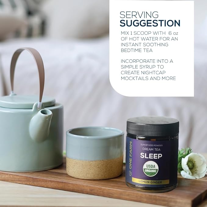 One Farm Dream Tea Sleep Powder - with USDA Organic Reishi, Tart Cherry, Chamomile, Lemon Balm, and Passionflower - 45 Servings in a Resealable Glass Jar - Soothing Chamomile Flavor