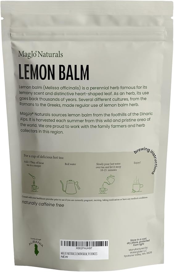 MagJo Naturals Lemon Balm Tea, Bulk Herbal Tea, Loose Leaf Melissa Officinalis, Caffeine Free, Cut and Sifted, 1 pound (16 ounces) (1 pack)