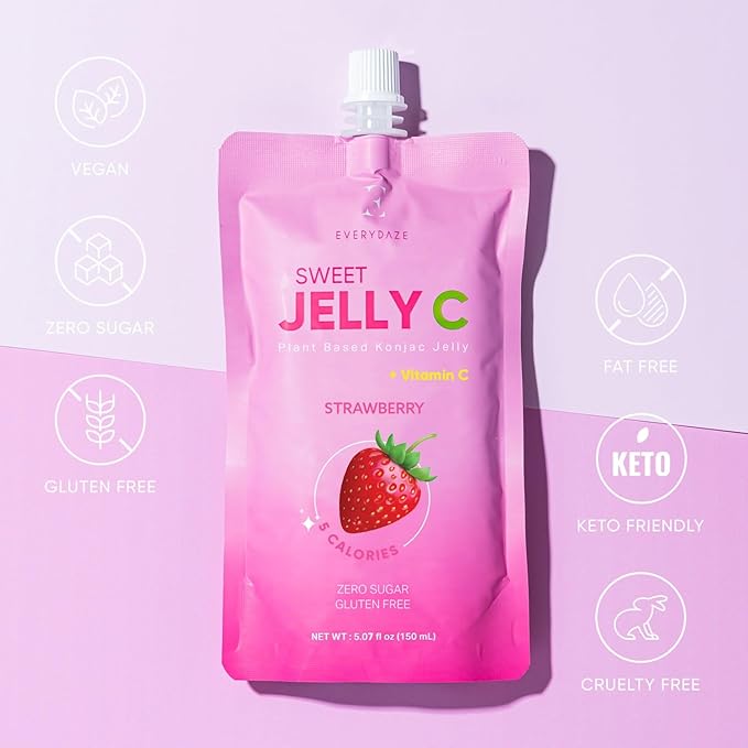 EVERYDAZE Sweet Jelly C Konjac Jelly | Vegan, Gluten Free, Sugar Free, Low Calorie | Healthy Drinkable Fruit Snack | 10 Pack Box Food Drink Pouch (Strawberry)