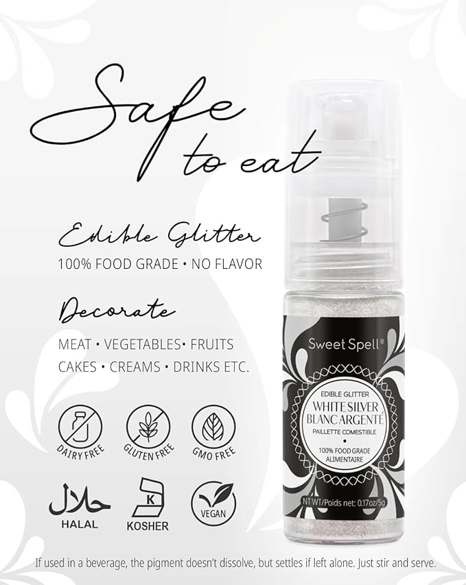 Sweet Spell Edible Cake Glitter Spray ??Shimmering Magic for Cakes Decorating & Cocktails ??100% Edible, Food-Grade, Vegan, Gluten-Free (White Silver)