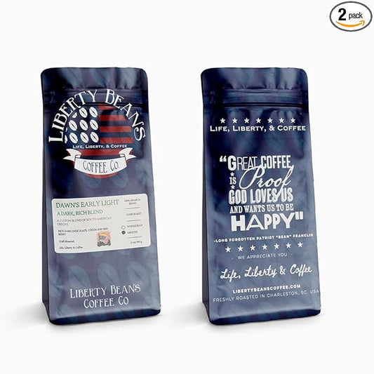 Liberty Beans Coffee | Dark & Rich Roasted Coffee | 100% Arabica Beans, Low Acid | Boosts Energy, Supports Brain & Heart Health | Fair Trade & Organic Sourced, 12 oz (2 Pack, Dawn's Early Light)
