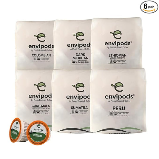 Fresh Roasted Coffee, Organic Single Origin envipods Variety Pack | BPI Compostable, USDA Organic, Kosher | 72 Count for K Cup Brewers | Not for use in Ninja or Hamilton Beach Brewers