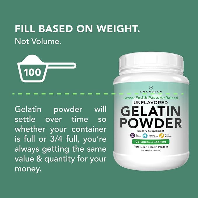 AMANDEAN Premium Gelatin Powder XL. Grass-Fed Beef Collagen Protein Supplement. Unflavored. Healthy Skin, Hair, Nails, & Gut. Paleo Friendly Cooking and Baking. 18 Amino Acids. Non-GMO.