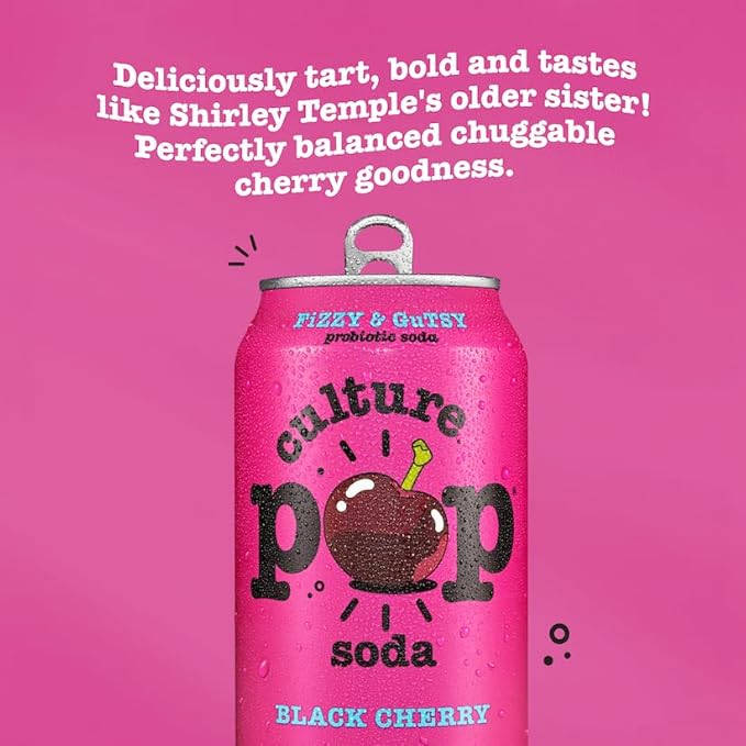 Culture Pop Soda, Black Cherry, Probiotic Low Sugar Soda, Sparkling Juice Alternative, Non-GMO, Kosher, Gluten-Free, No Stevia (12pk)