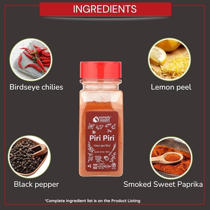 USimplySeason Piri Piri Seasoning, 4.8 oz - African Heat Elevator for Poultry, Seafood & Dishes - Vegan, No-Salt, Non-GMO, Crafted in the USA
