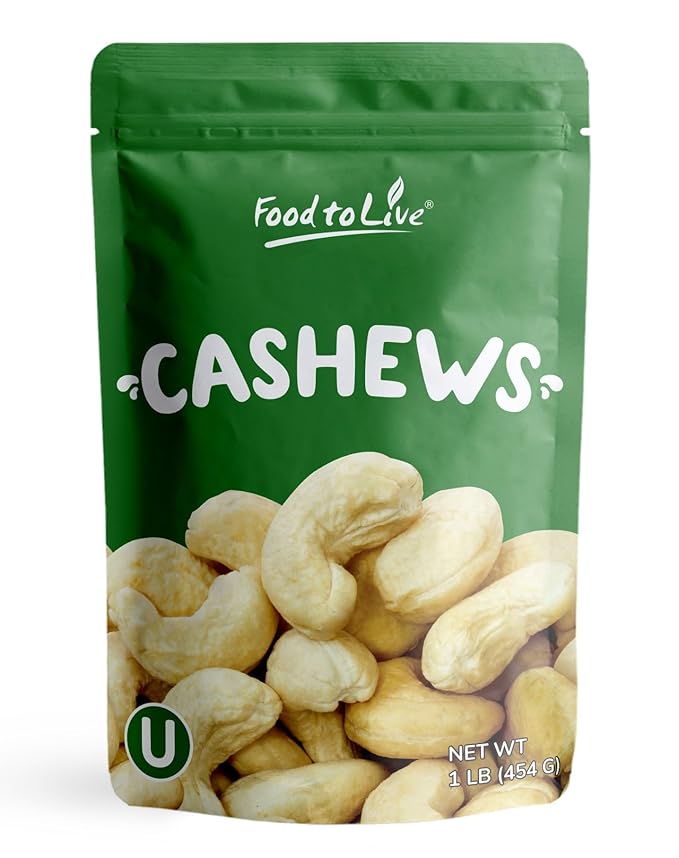 Food to Live Raw Cashews, 1 Pound ??Non-GMO Verified, Deluxe Whole Nuts, Unsalted, Unroasted, Size W-320, Vegan, Kosher, Bulk