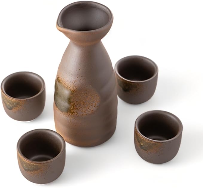 Urban Tokyo Japanese Sake 5 Piece Set Include 1 Sake Bottle and 4 Cups for Hot or Cold Sake Home or Restaurant Use Reactive Glazed Ceramic (Brown and Green)
