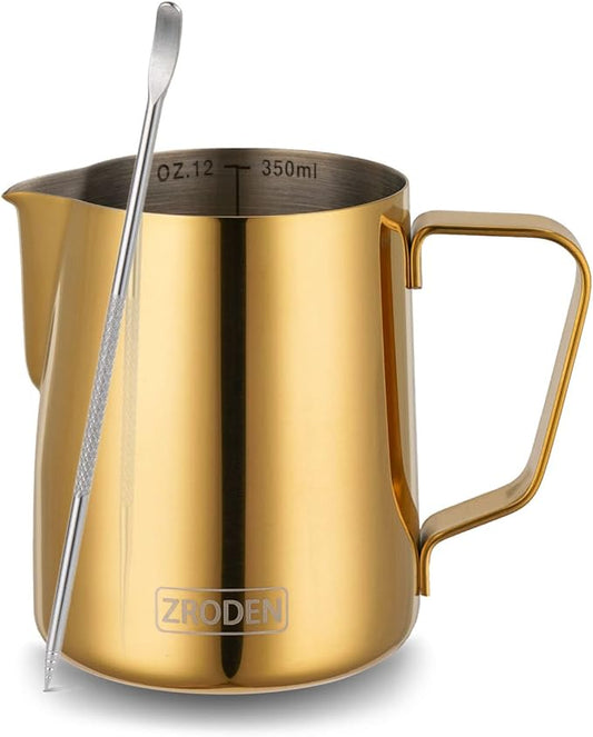 Milk Frothing Pitcher, 12oz Espresso Steaming Pitchers Stainless Steel Milk Coffee Cappuccino Barista Steam Pitchers Milk Jug Cup with Decorating Pen Latte Art, Gold