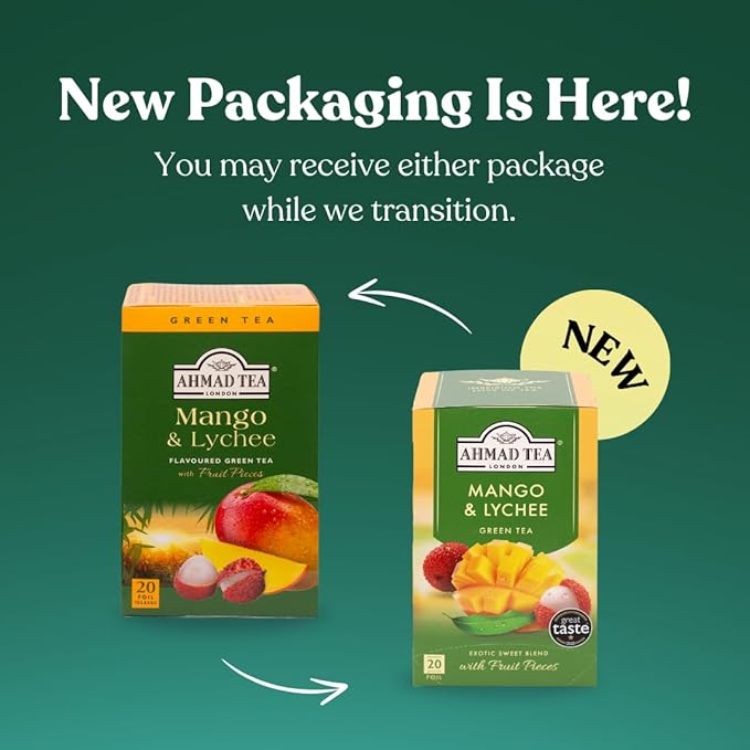 Ahmad Tea Mango & Lychee Flavored Green Tea with Fruit Pieces, 20 Count, Pack of 6
