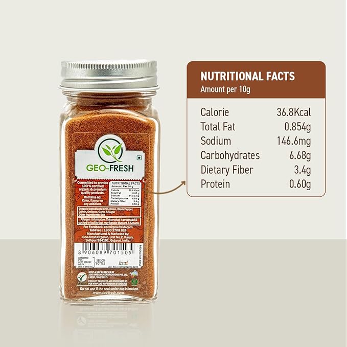 Geo-Fresh Organic Mexican Seasoning, 1.59 oz (45g), Taco Seasoning, Non-GMO, Kosher, 100% Organic Herbs, Chilli Powder, Onion Powder, Black Pepper, Cumin, Oregano, Garlic, Sugar, and Salt, USDA Certified