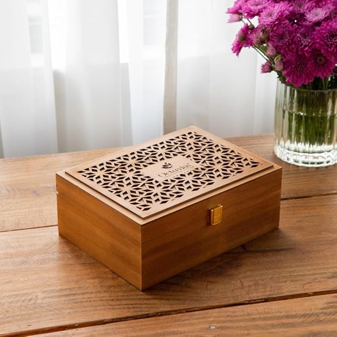 Octavius Floral Cutwork Wooden Tea Sampler Box | Tea Variety Pack Sampler | Green & Black Tea Assortment Gift Box | Perfect For Gifting & Personal Consumption - 6 flavor & 90 bags