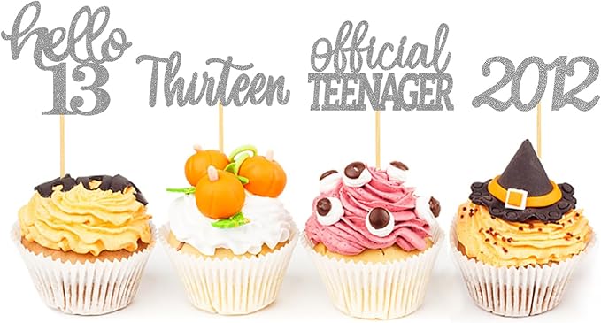 24Pcs Glitter 13th Birthday Cupcake Toppers, Hello 13th Birthday Cake Topper- 13th Birthday Decorations for Celebrating Official Teenager Thirteen Years Old Birthday Party Supplies (Silver)