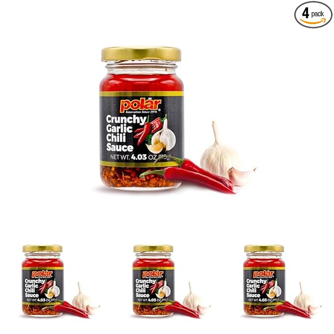 Polar Crunchy Garlic Chili Sauce 4.03oz (Pack of 4), Extra Crispy Chili Oil, Savory Umami Topping, Good on Everything, Gourmet Hot Sauce, Savory condiment, Vegan Friendly, Gourmet Hot Sauce, No MSG, Chili Crisp