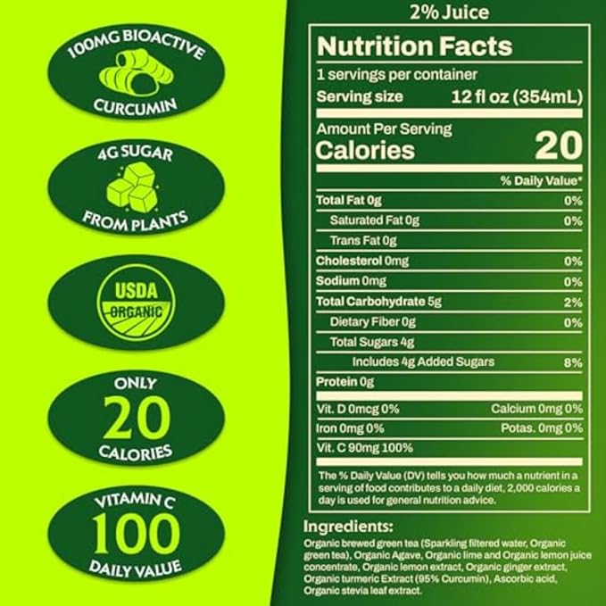 Golden Tiger Turmeric Sparkling Lemonade, Green Tea 12-Pack ??Curcumin & Ginger for Inflammation ??Sparkling Wellness Drink with Organic Superfoods + Antioxidants for Recovery, Immunity, Gut Health - 4g Sugar, 20 Calories