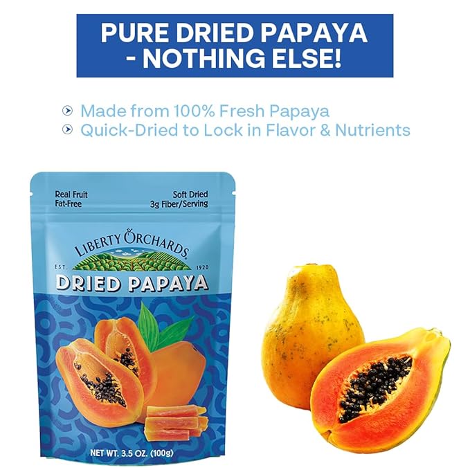 Liberty Orchard Dried Papaya with Fiber - Naturally Sweet Fruit Snacks for Healthy Digestion & Busy Lifestyles - Dried Papaya Ideal for Recipes & On-The-Go Snacking - 4 Pack