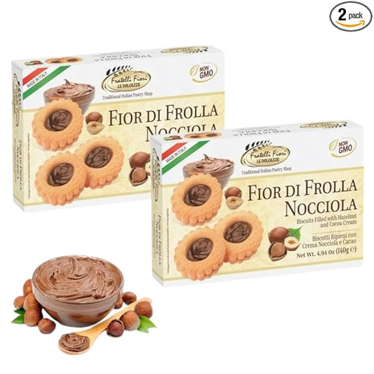 Fratelli Fiori Fior Di Frolla Hazelnut Cookies - Italian Biscotti Cookies Filled with Rich Hazelnut Cream - Healthy Cookies with Buttery Texture Ideal for Coffee Pairing, Dessert & Gifting - 2 Pack
