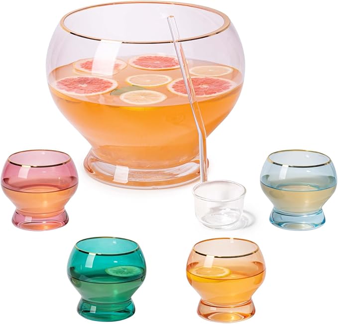 Colorful 1.7 Gallon Punch Bowl with 4 10oz Glasses Set with Ladle Gift For Mothers Day, Her, Wife, Mom, Friend - Colored Set Cocktails, Margarita, Juice, Punch Drink bowl for Parties, Weddings