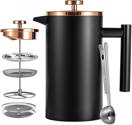 Black French Press Stainless Steel 34oz, Double Wall Insulated Coffee Press 1L for travel camping with 2 Extra Filter Screens and 1 Coffee Spoonç«?cup 1000mlç«?,<div>
