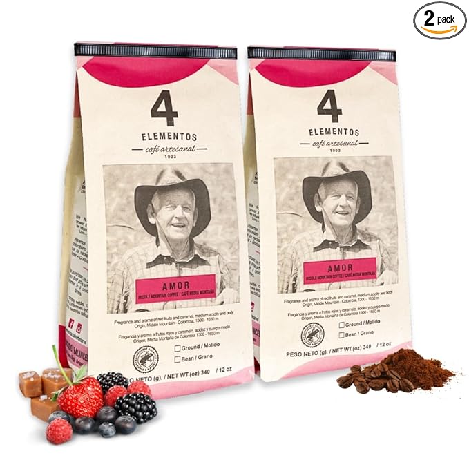 4 Elementos | Whole Bean Specialty Coffee, Medium Roast, 100% Arabica from Colombia, Red Berries & Caramel Notes, 12oz (Pack of 2)