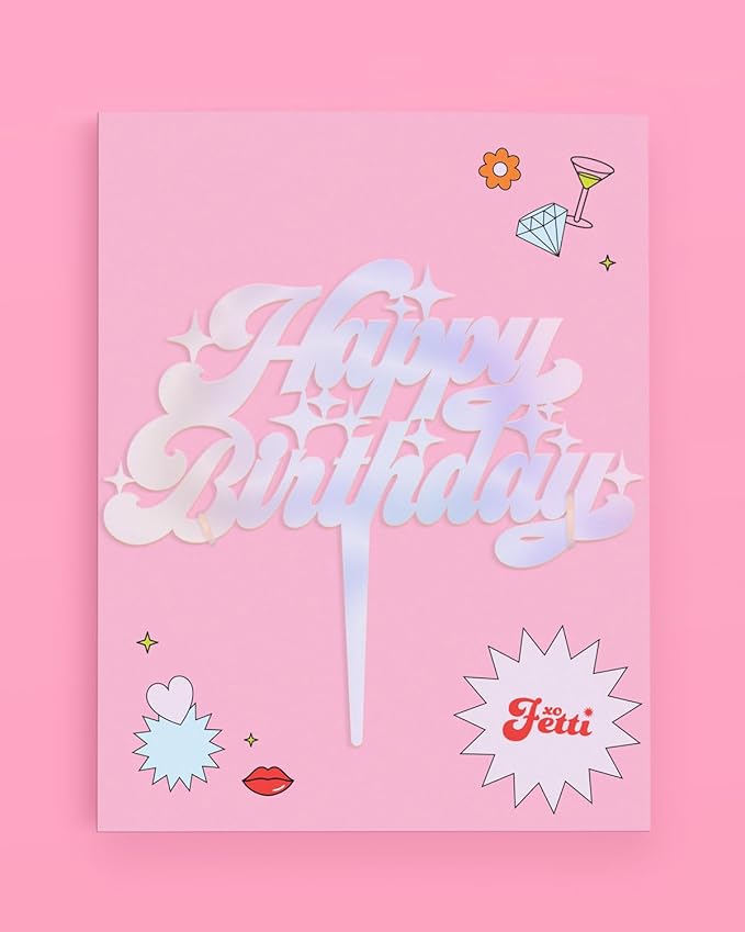 xo, Fetti Happy Birthday Cake Topper - 5" x 7"| Bday Party Decoration, Cake Decor Supplies, Iridescent Party Accessory, Birthday Queen, Finally 21, 30th, 40th, 50th