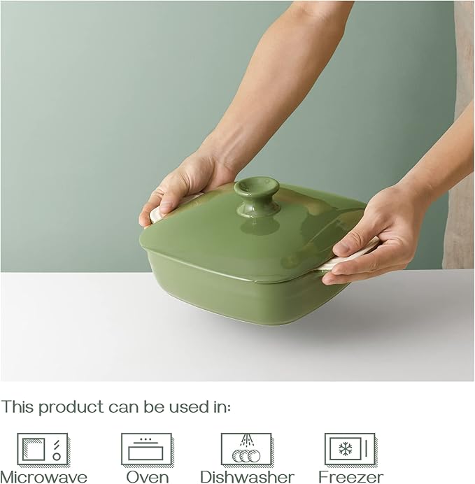 DOWAN Casseroles dish with lids, Ceramic Baking Dish With Lid, Casserole Dishes for oven, 1.6 Quarts Bakeware With Handle Oven Safe for Cooking, Dinner, Home Gift, 8 x 8 Inches, Green