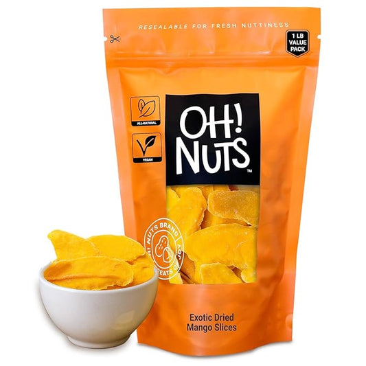 Oh! Nuts Exotic Dried Mango Slices - Sweetened Dehydrated Mango - 1lb Bulk Bag - Dried Mango Fruit Slices for Snacking & Baking - Low Cholesterol, High Fiber