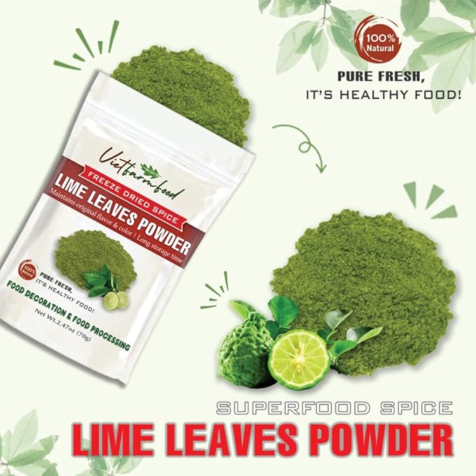 LIME LEAVES POWDER 2.47 Oz (70g) VIETFARMFOOD: Pure, natural freeze-dried spice made from real vegetables and fruits - perfect for enhancing every meal, from cooking, baking, salads, soups, sauces