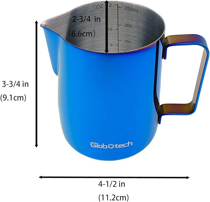 Milk Frothing Pitcher Latte Coffee, Stainless Steel Milk Frother Jug, Espresso Accessories Steaming Froth Cup Cappuccino 12 Oz, 350ml Blue