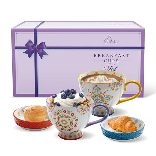 Panacula Large Ceramic Coffee Mugs Set of 2,15 oz Stoneware Coffee Cups with 2 Saucers,Underglaze