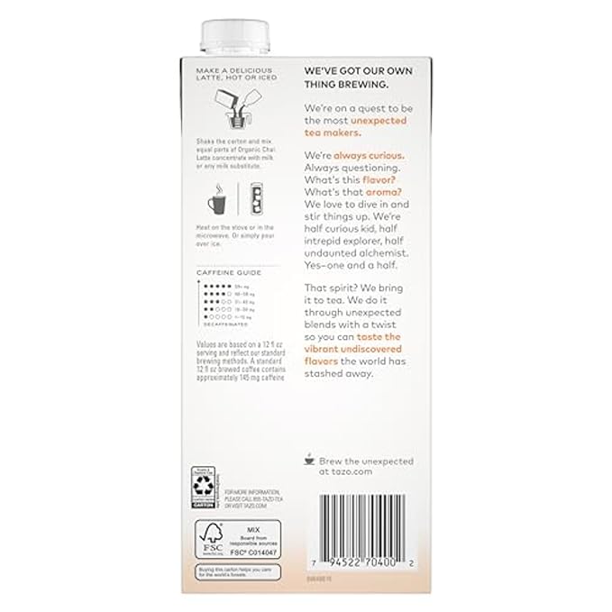 TAZO Organic Chai Latte Concentrate, Hot or Iced Black Tea, Easy-to-Serve, Everyday Lattes and Mocktails, 32 oz Carton (Pack of 2)