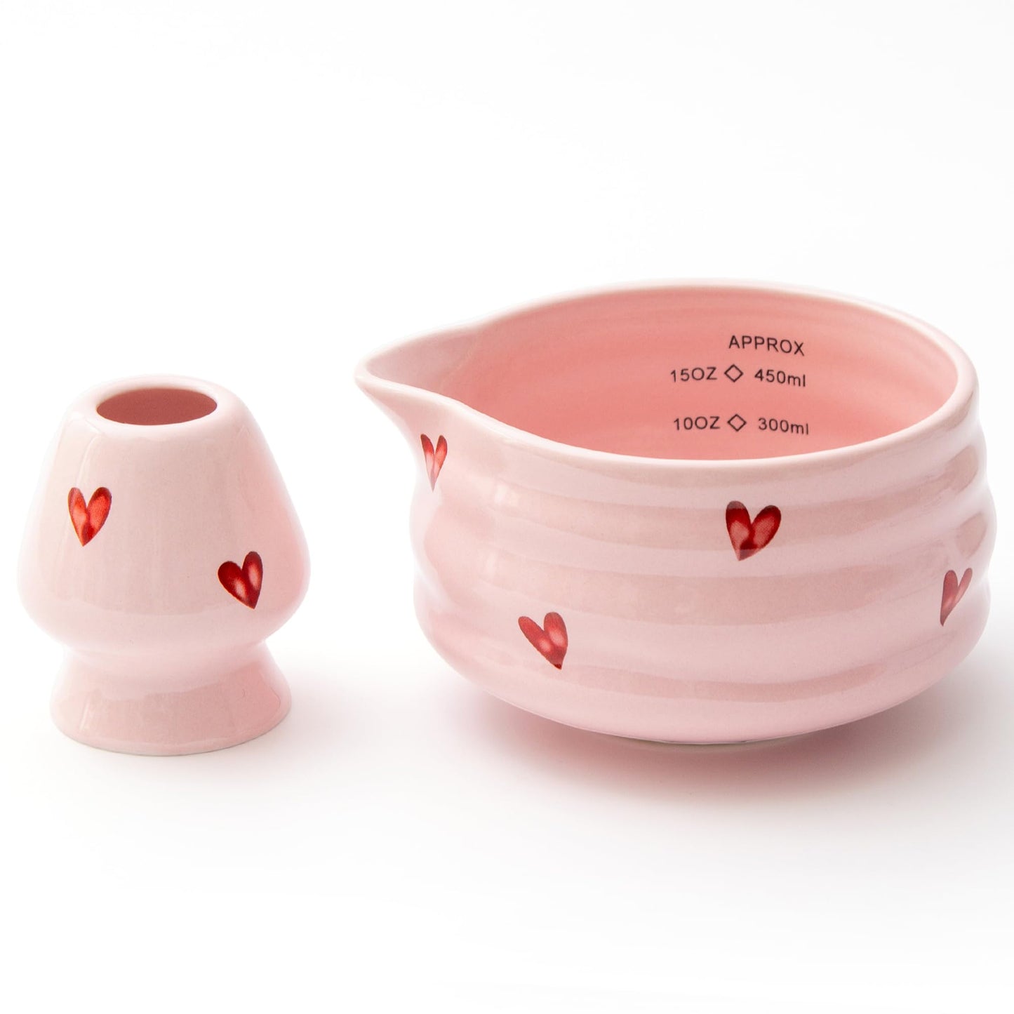YumiPLUS Ceramic Matcha Bowl with Bamboo Whisk Holder, Pink Love, Set of 2