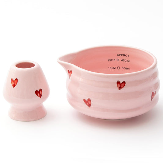 YumiPLUS Ceramic Matcha Bowl with Bamboo Whisk Holder, Pink Love, Set of 2
