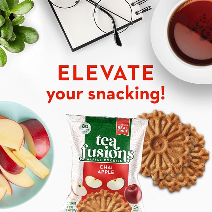 Reko Tea Fusions Waffle Cookies, Chai Apple - Individually Wrapped Single Serve Snack Packs - Thin Italian Pizzelles with No Artificial Flavors or Colors - 5 Cookies per Pack, Box of 12