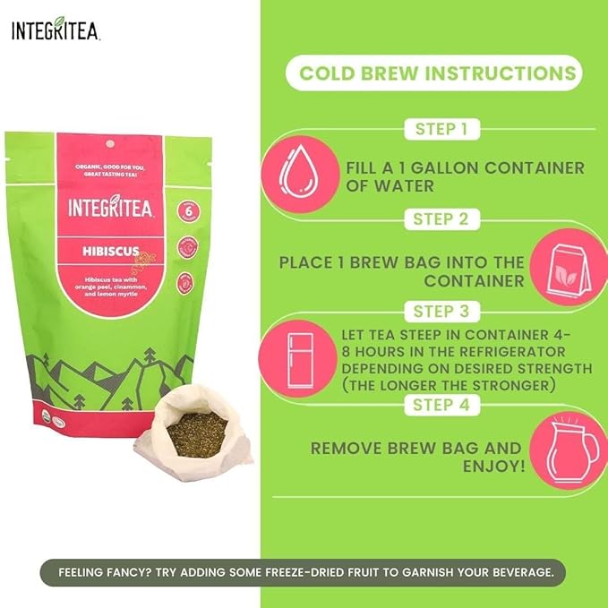 IntegriTEA Organic Hibiscus Tea Bags for Hibiscus Iced Tea - 6-Bag Unsweetened Iced Tea Pack for 6 Gallons of Tea - Hot or Cold Brew Iced Tea Bags