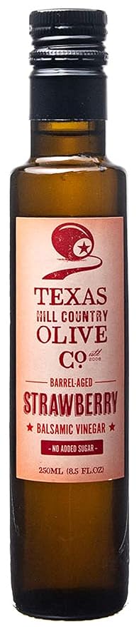 Strawberry White Balsamic Vinegar - Gourmet Barrel Aged Infused Balsamic Vinegar - Great for Dressing Dipping Glazing - No Artificial Flavors or Added Sugar - Made in Texas (8.5 oz)