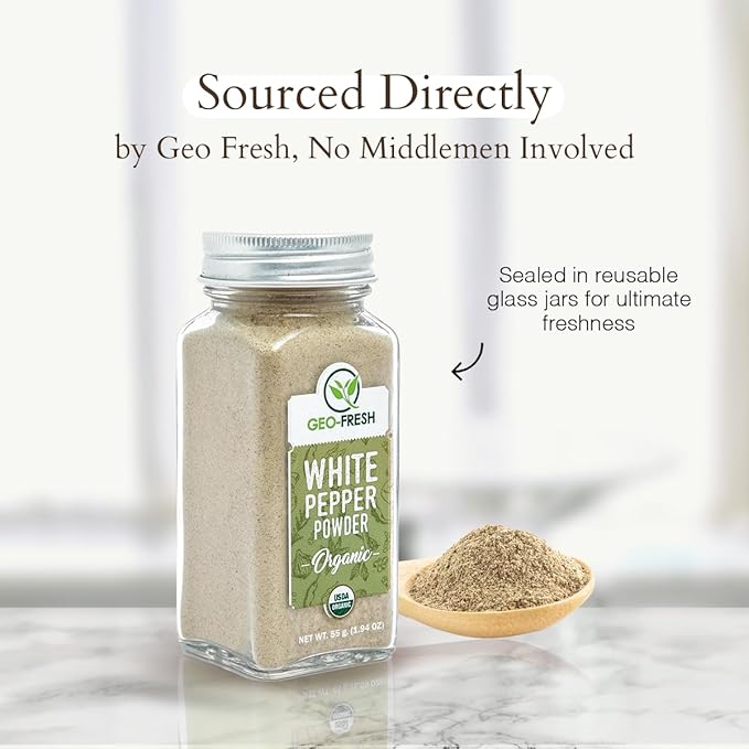 Geo-Fresh Organic White Pepper Ground ??1.94 oz Glass Jar ??White Pepper Powder ??USDA Certified, Non-GMO, Kosher, Gluten-Free ??Premium Organic Spice for Cooking & Seasoning