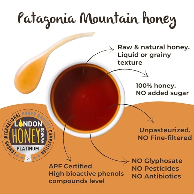 Patagonia Mountain Honey APF 100+ by TERRA ANDES PLUS | Raw natural organic honey. Highest bioactive grade. Made in Chilean Patagonia. 100% pure. NON Gmo. Awarded worldwide. Unfiltered Honey, 17.6 oz