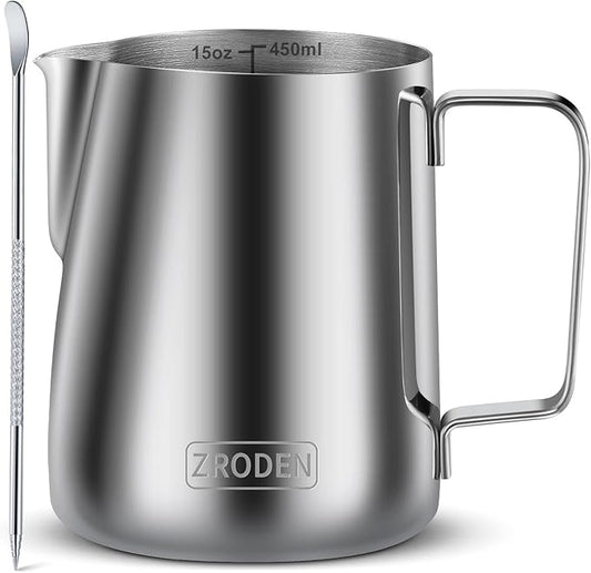 Milk Frothing Pitcher, 15oz 450ml Espresso Steaming Pitchers Stainless Steel Cappuccino Coffee Machine Accessories Barista Tools, Steamer Froth Pitchers Milk Jug Cup with Decorating Pen Latte Art