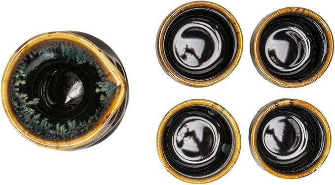 Urban Tokyo Japanese Sake 5 Piece Set Include 1 Sake Bottle and 4 Cups for Hot or Cold Sake Home or Restaurant Use Reactive Glazed Ceramic (Black Brown)