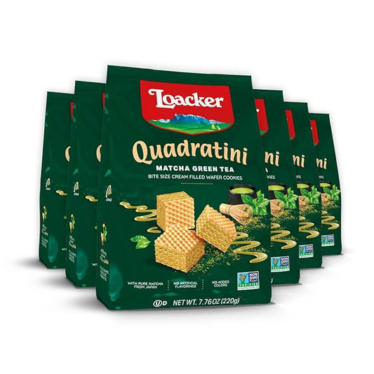 Loacker Quadratini Matcha Wafer Cookies LARGE - 30% Less Sugar - Premium Crispy Bite Size Wafers - NON-GMO - LARGE Pack of 6