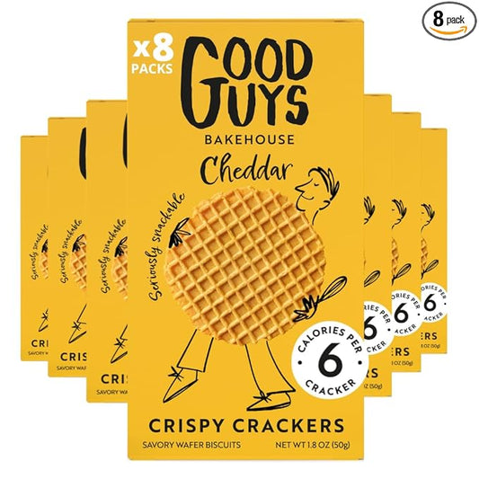 NEW! Good Guys Cheddar Crackers | Low Calorie Snacks |Tasty, Crispy, Healthy Cheese Crackers | 39 Biscuits Per Pack. Non-GMO | 8 Packs